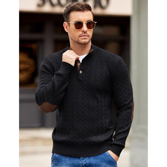 Men's Cable Knitted Pullover Sweaters Long Sleeve Stand Collar Button Up Black - Picture 2 of 6